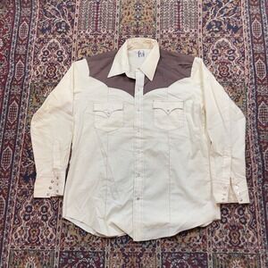 VTG 70s Karman Western Shirt 17 XL Cream Brown Pearl Snap Cowboy USA yolk Stripe